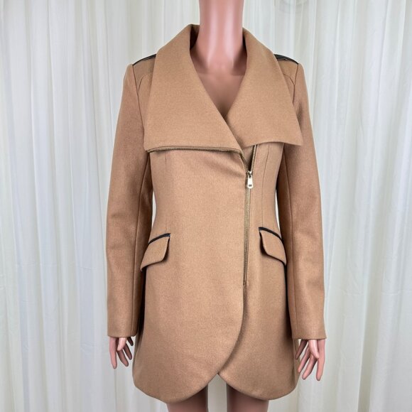 French Connection Asymmetrical Zip Wool Blend Leather Accent Tulip Coat Tan Sz 6 - Picture 1 of 16